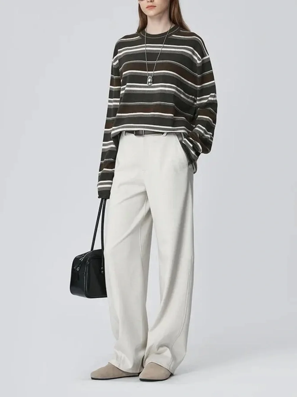 OuXiaoCang Dusty White High Waisted Barrel Leg Trousers Minimalist Chic Pants S